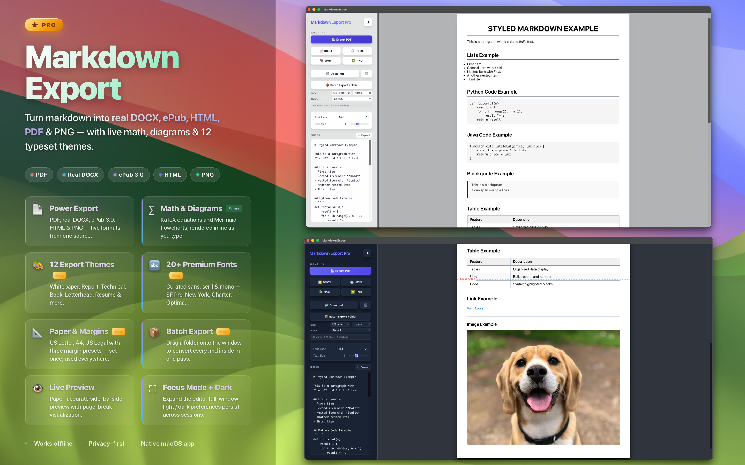 Markdown Export editor with live preview