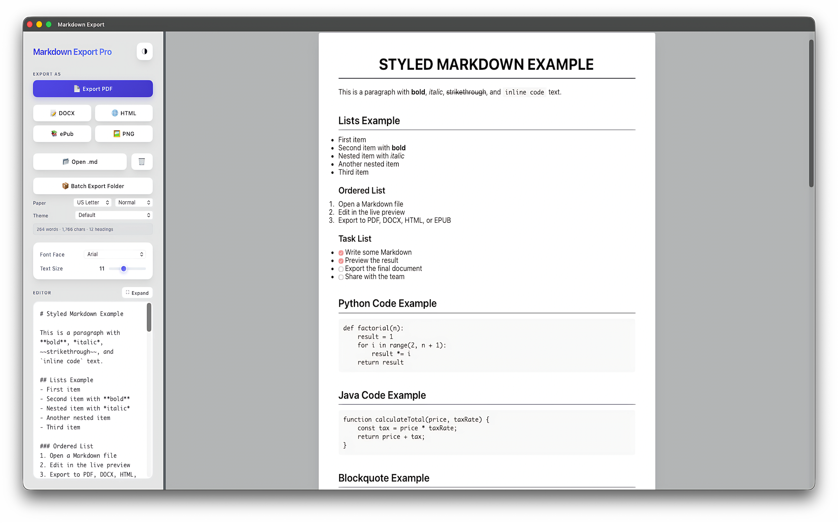 Exporting a document to PDF