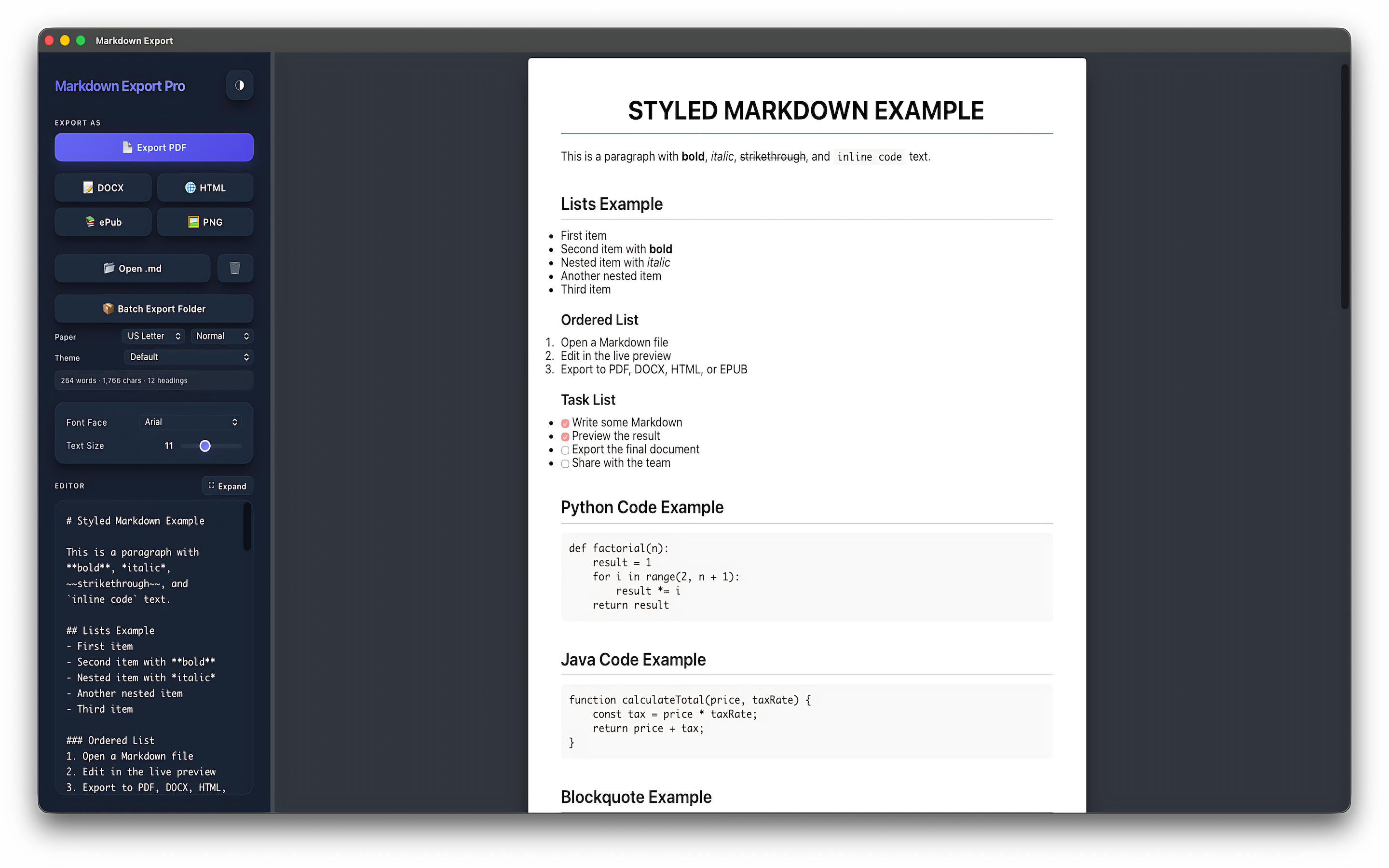 Exporting a document to Word